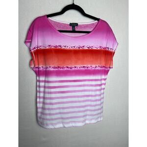 Lauren Ralph Lauren Women's Pink Orange Stripe Cotton Short Sleeve Top Size L